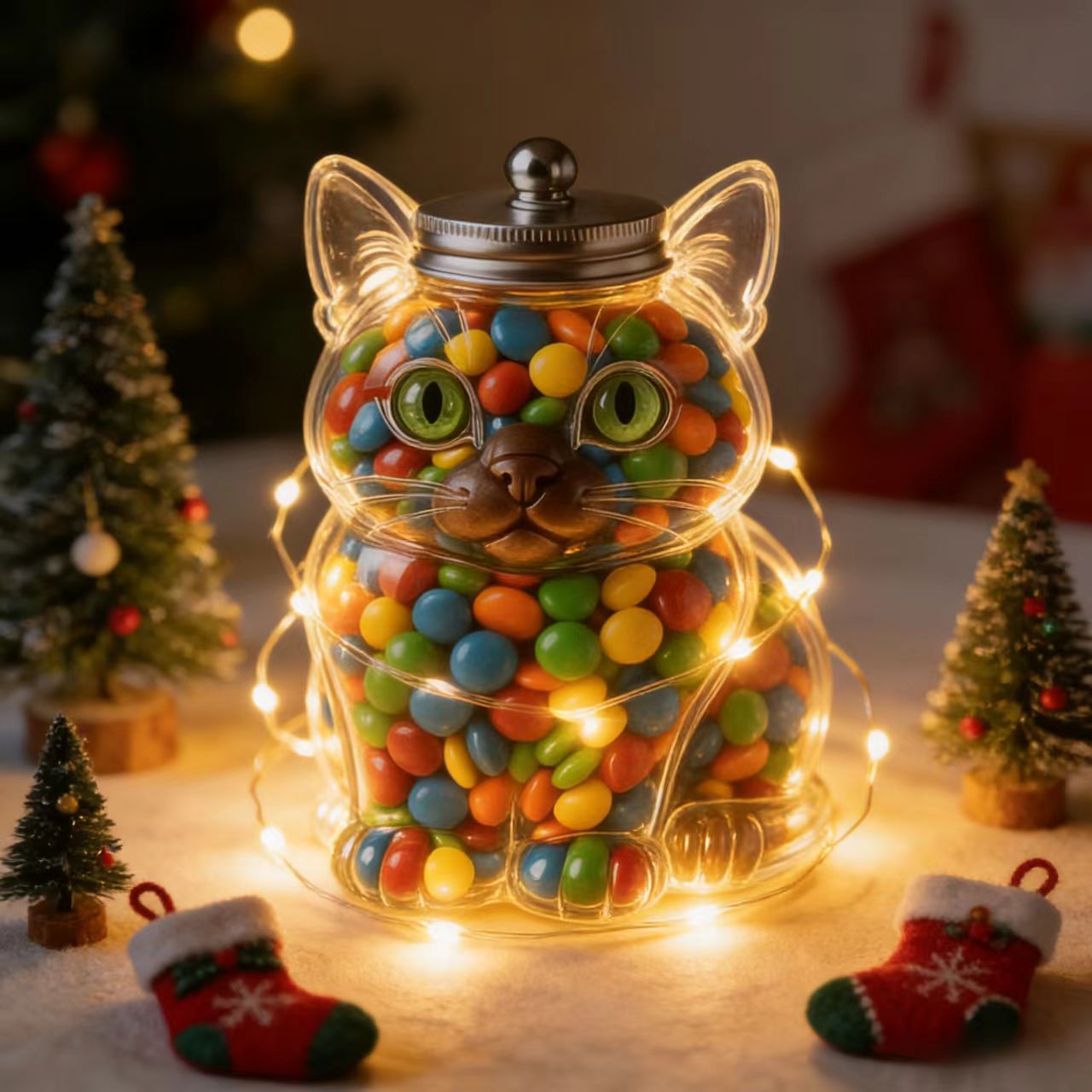 Food Snacks Candy - Niedliches Katzenförmiges Glas-Bonbonglas mit Luftdichtem Deckel,