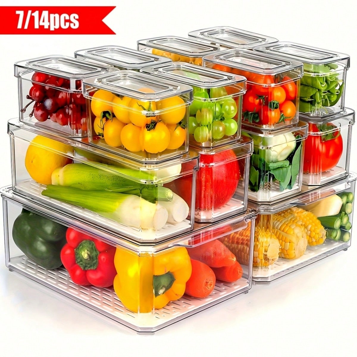 Food Snacks For Party - 7/14er-Pack stapelbare Kühlschrank-Organizerbehälter mit Deckeln, platzsparende